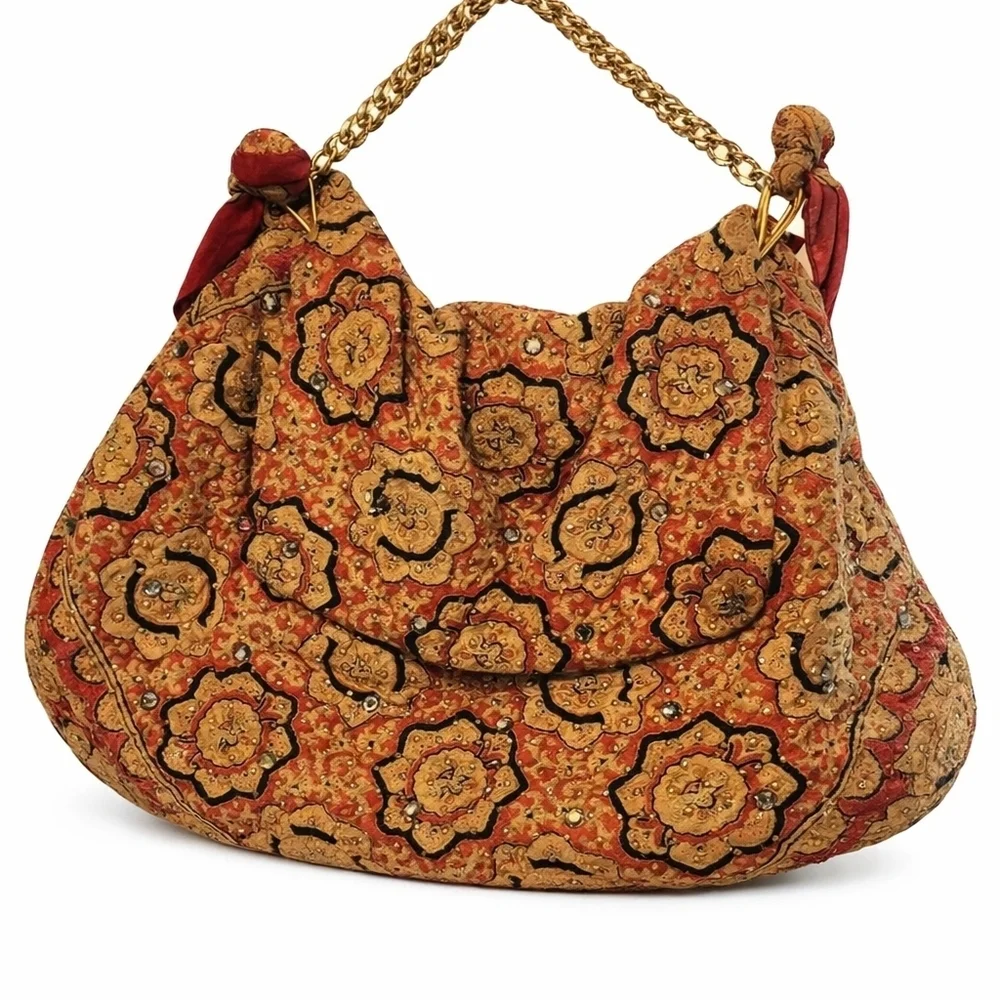 Vintage Mr. John Boho Tapestry Hobo Bag Gold Chain Strap Beaded Floral Satchel